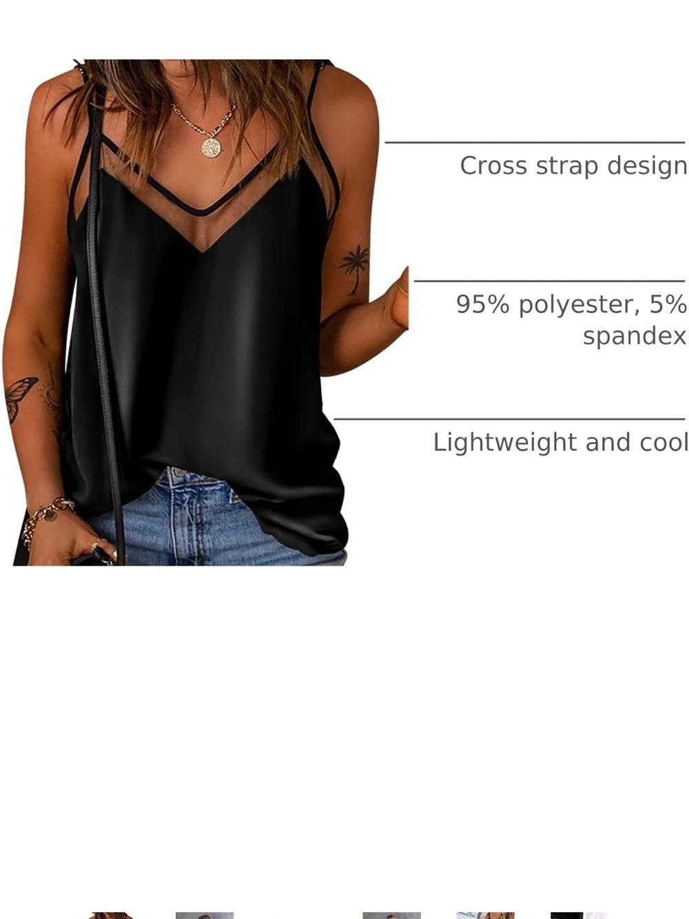 Women's Black V-Neck Mesh Trim Strappy Cami